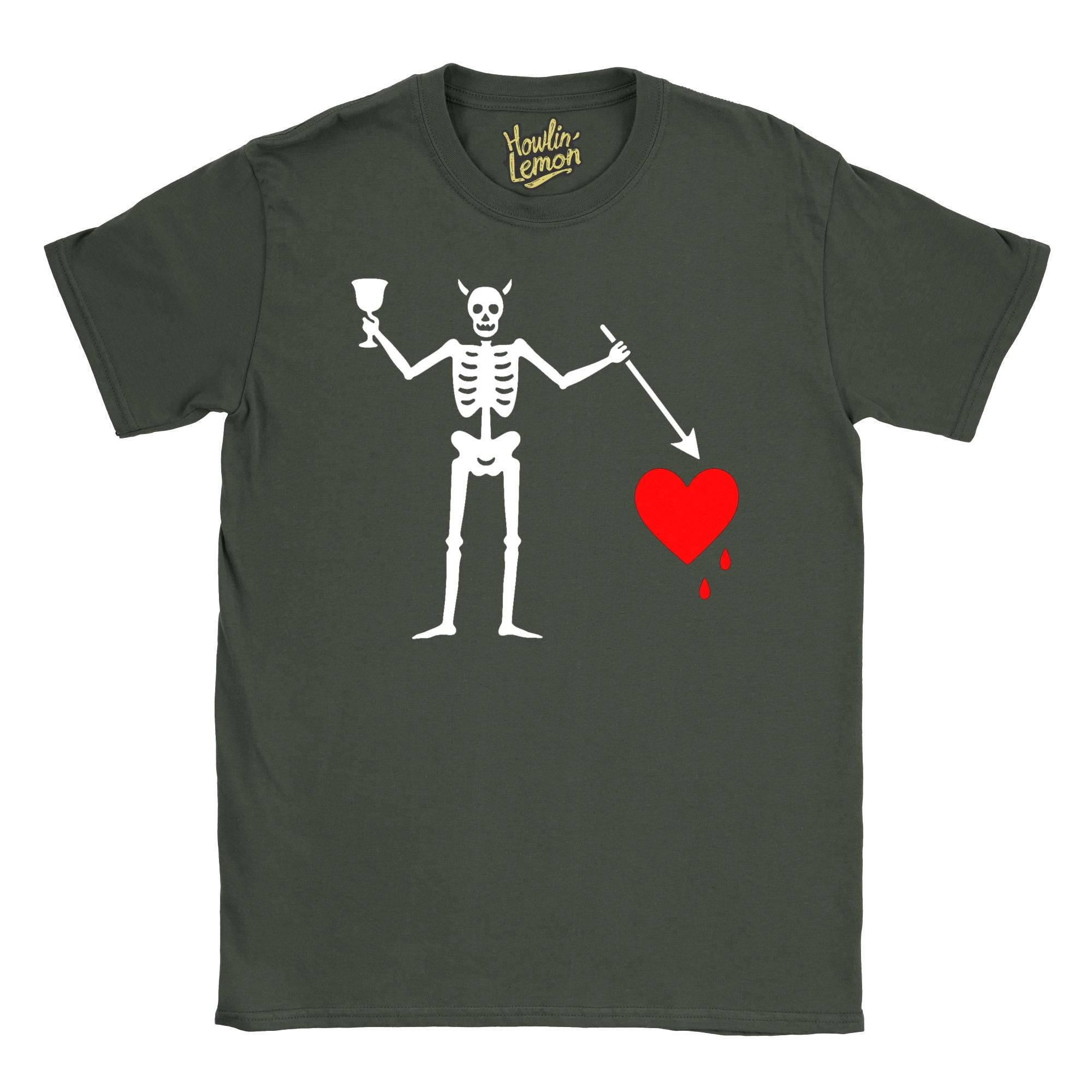 Blackbeard Pirate Flag T-Shirt - Edward Teach Historical Design - Skull Devil Horns Graphic Tee - Famous Pirate Captain Shirt - Nautical