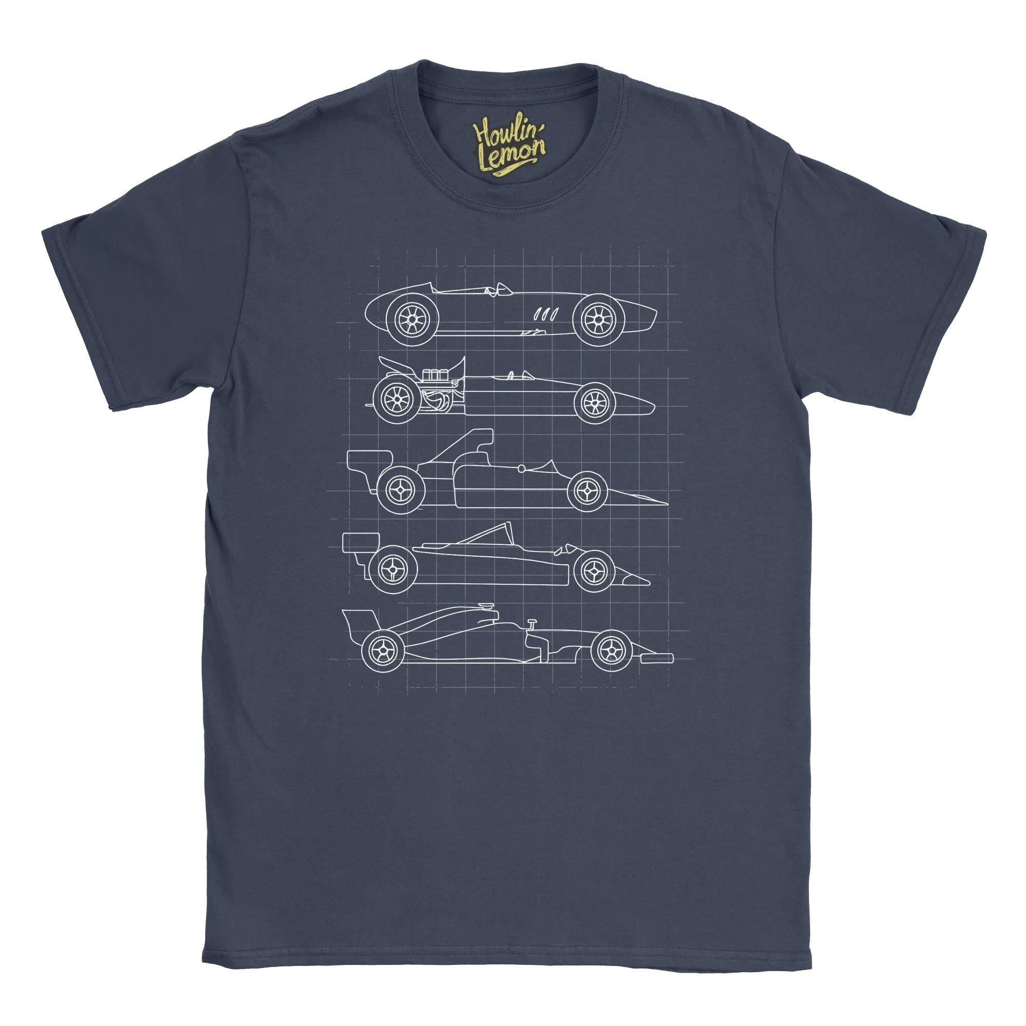 Evolution of Formula One T-Shirt - Classic Sports Car Timeline Blueprint Tee - Automotive Evolution Shirt - Car Lover Gift