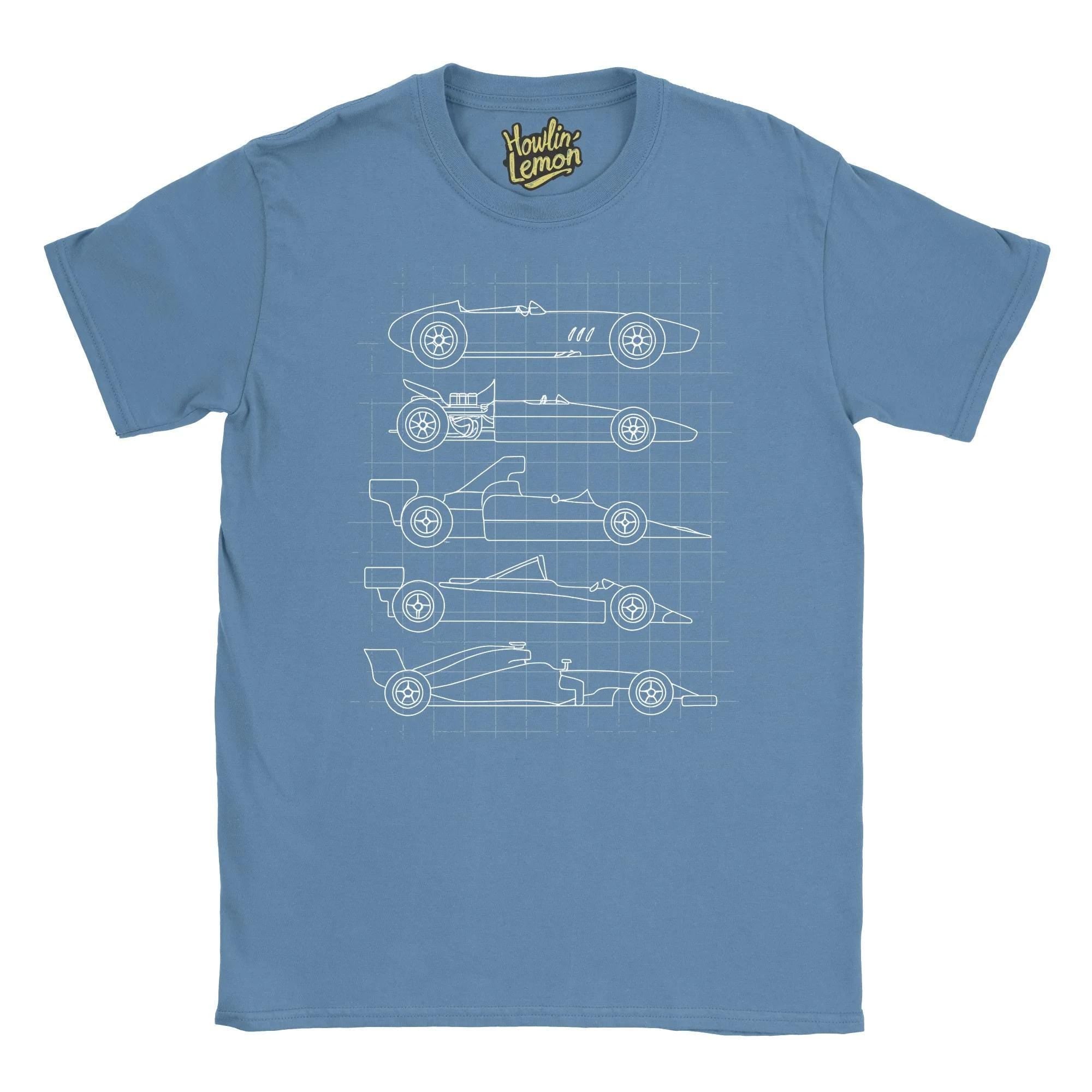 Evolution of Formula One T-Shirt - Classic Sports Car Timeline Blueprint Tee - Automotive Evolution Shirt - Car Lover Gift